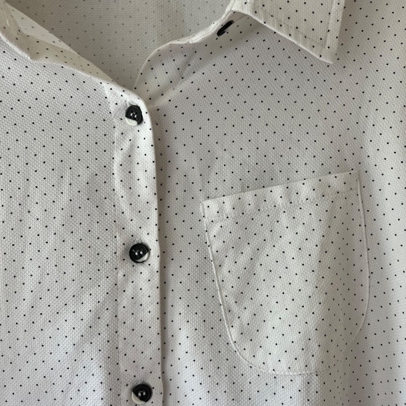 PERIPHERY Black Dotted Over White Sleeve Blouse High Low Hem Button Up Size 10 - Picture 3 of 9